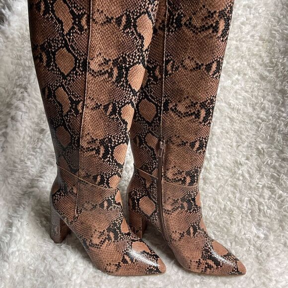 Gianni Bini Kellbie Leather Snakeskin printsTall brown Block Heel Boots SZ 9 .5 - Picture 3 of 12